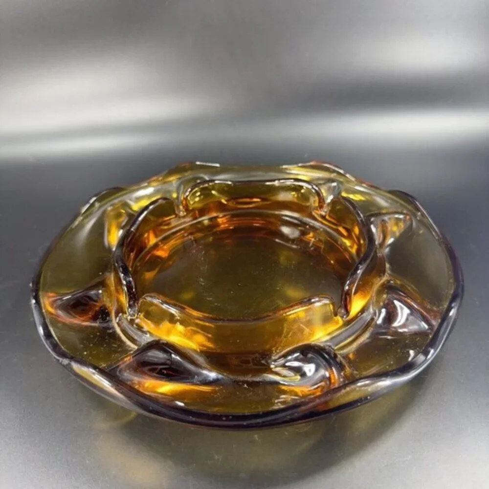 1960s Vintage Amber‎ Glass Ashtray Dish Wavy Edges Vintage Glass Decor 8 In Wide